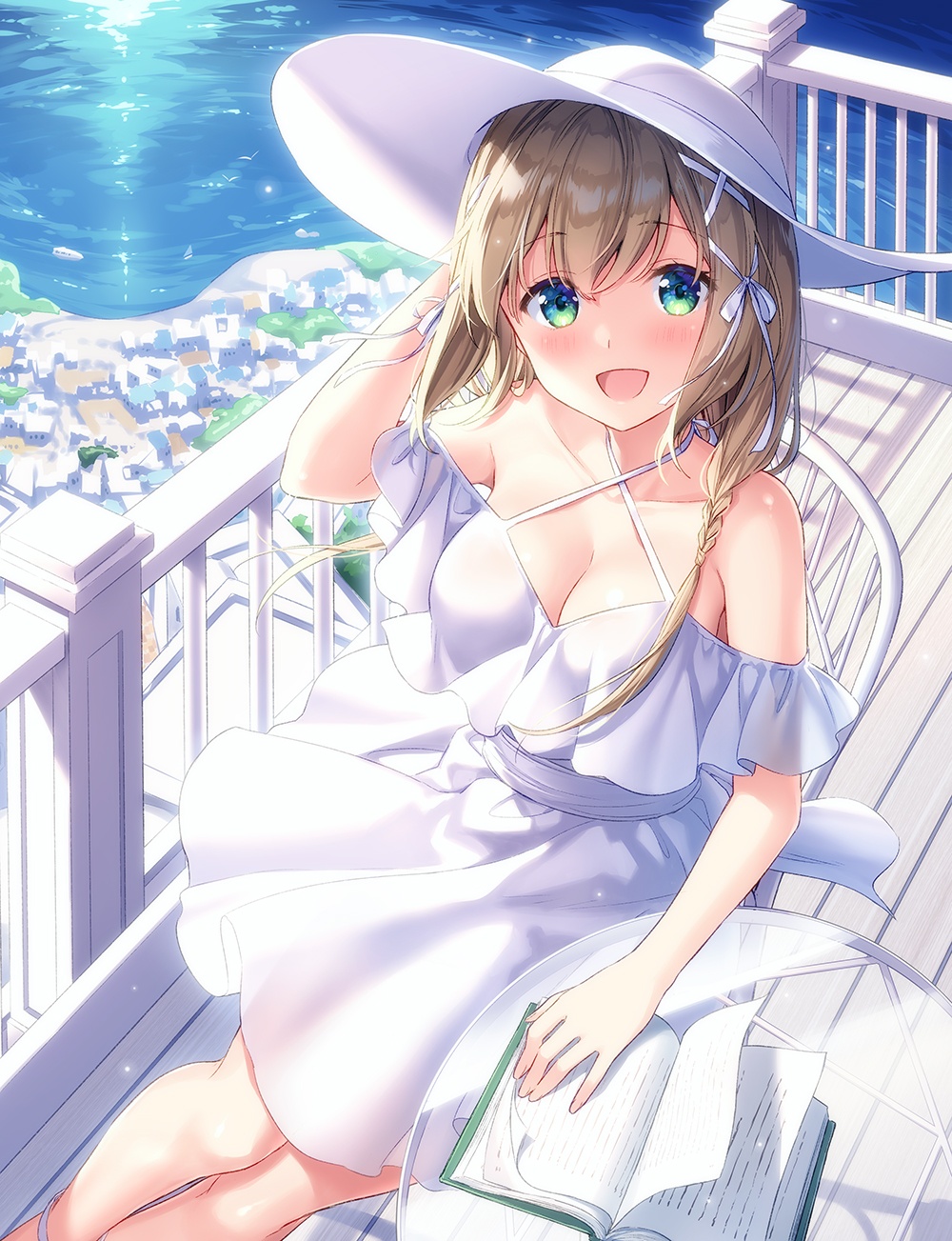 1girl bangs bare_shoulders blue_eyes blush book braid breasts brown_hair chair cleavage collarbone crossed_bangs dress eyebrows_visible_through_hair glass_table green_eyes hair_ribbon hand_on_head hand_on_own_head hand_up hat highres looking_at_viewer masuishi_kinoto medium_hair multicolored multicolored_eyes open_mouth original ribbon side_braid sitting sleeveless smile solo sun_hat table white_dress