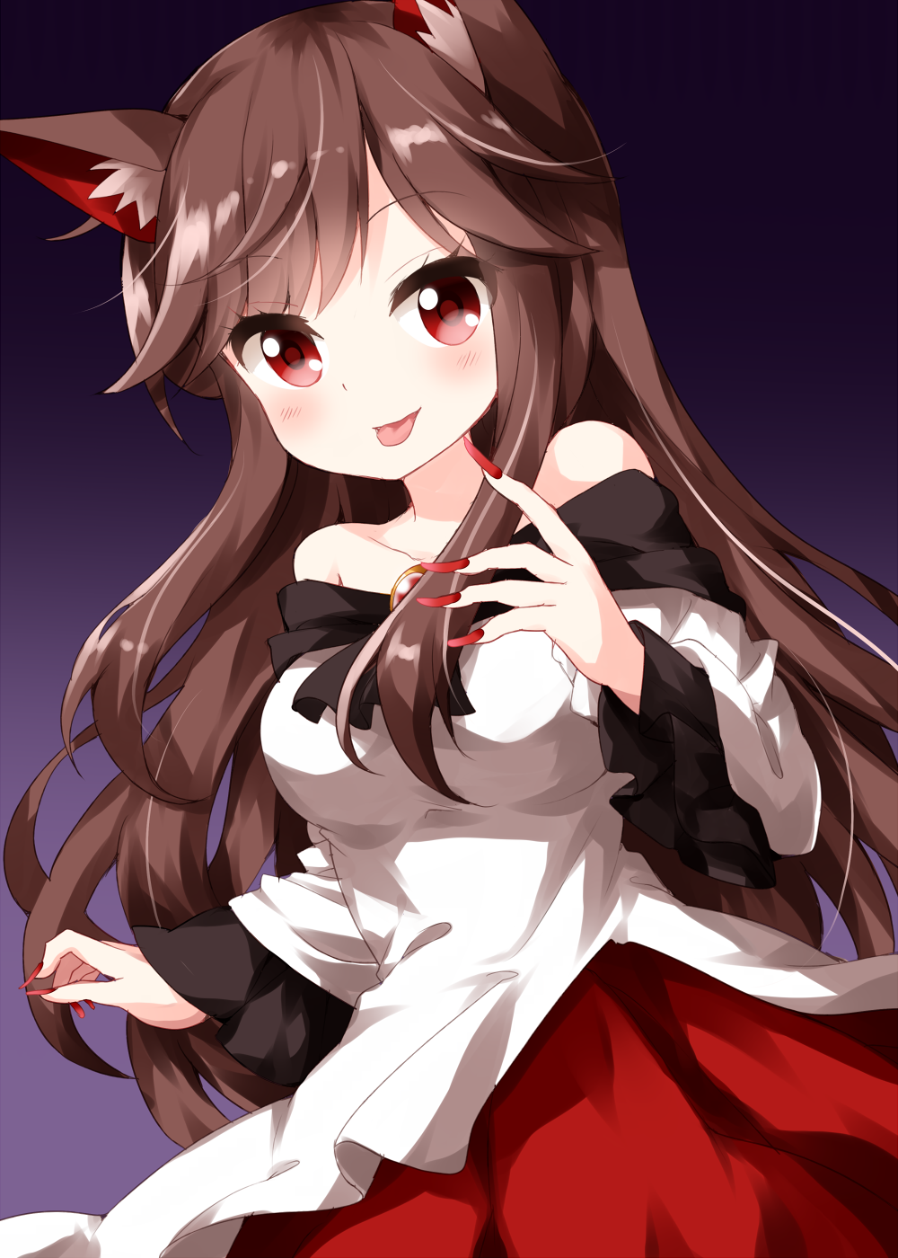 1girl :p animal_ear_fluff animal_ears bangs bare_shoulders blush breasts brooch brown_hair collarbone commentary_request cowboy_shot eyebrows_visible_through_hair fingernails gradient gradient_background highres imaizumi_kagerou jewelry large_breasts long_hair long_sleeves looking_at_viewer nail_polish off-shoulder_shirt off_shoulder purple_background red_eyes red_nails red_skirt ruu_(tksymkw) sharp_fingernails shirt sidelocks skirt smile solo tongue tongue_out touhou very_long_hair white_shirt wide_sleeves wolf_ears