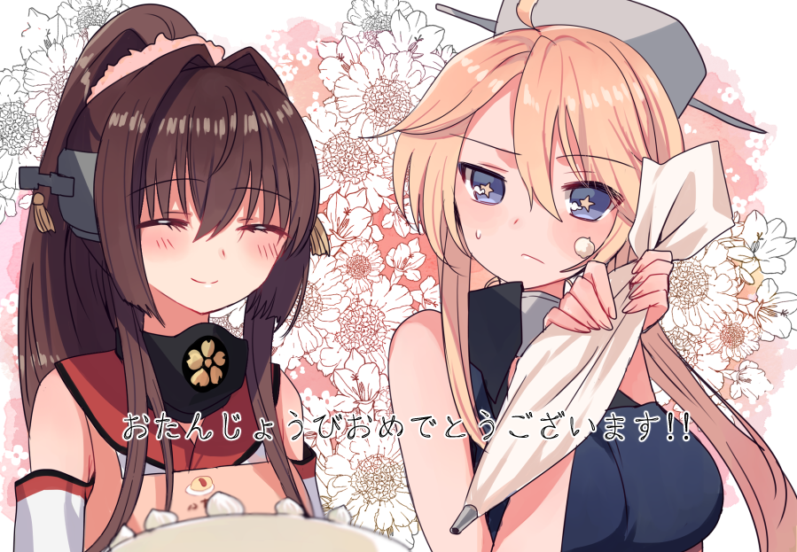 2girls ahoge apron bangs bare_shoulders blonde_hair blue_apron blue_eyes blush breasts cake closed_eyes closed_mouth commentary_request detached_sleeves eyebrows_visible_through_hair floral_background flower food food_on_face hair_flower hair_ornament hat holding iowa_(kantai_collection) kantai_collection long_hair multiple_girls nagiki_kanae object_request ponytail smile star star-shaped_pupils sweat sweatdrop symbol-shaped_pupils translation_request upper_body yamato_(kantai_collection)