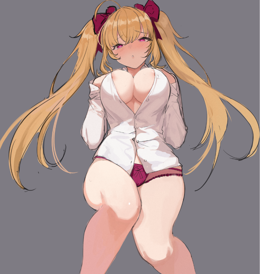 1girl ahoge bangs blonde_hair blush bow breasts cleavage feet_out_of_frame grey_background hair_between_eyes hair_bow hands_on_own_chest heart heart-shaped_pupils large_breasts long_hair long_sleeves looking_at_viewer lying nijisanji nipple_slip nipples on_back panties parted_lips partially_unbuttoned purple_eyes red_bow red_panties seinen shirt simple_background solo symbol-shaped_pupils takamiya_rion thighs twintails underwear very_long_hair virtual_youtuber white_shirt