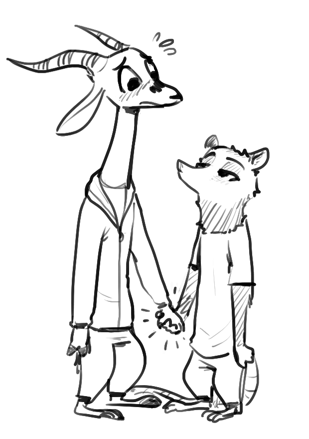 2019 ambiguous_gender antelope anthro barefoot black_and_white blush bovid cheek_tuft clothed clothing didelphid duo elbow_tufts eye_contact facial_markings flying_sweatdrops fuel_(artist) fuel_(character) gazelle half-closed_eyes hand_holding head_tuft horn looking_at_another mammal markings marsupial monochrome numbers_(character) simple_background standing sweat sweatdrop tuft white_background