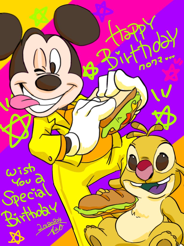 2018 3:4 3_toes alien antennae_(anatomy) anthro black_nose bottomwear brown_eyes brown_pawpads buckteeth chest_tuft clothing dipstick_antennae disney duo english_text experiment_(species) food fur gloves green_mouth happy_birthday japanese_text lilo_and_stitch male mammal mickey_mouse mouse multicolored_antennae murid murine one_eye_closed open_mouth open_smile pants pawpads purple_tongue red_nose reuben rodent sandwich_(food) saowdmm silly sitting smile submarine_sandwich teeth text toes tongue tongue_out topwear tuft white_clothing white_gloves yellow_bottomwear yellow_clothing yellow_fur yellow_pants yellow_topwear