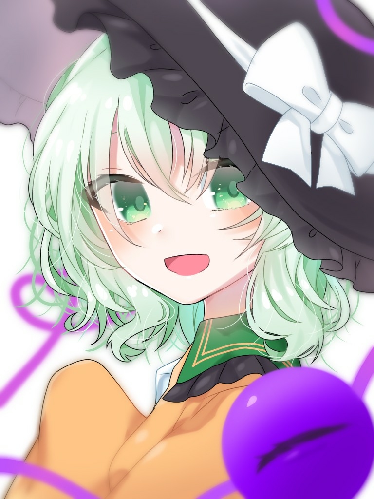 1girl :d bangs black_headwear blurry blurry_background blush bow commentary_request depth_of_field eringi_(rmrafrn) eyebrows_visible_through_hair frilled_hat frills green_eyes green_hair hair_between_eyes hand_up hat hat_bow heart heart_of_string koishi_day komeiji_koishi long_hair long_sleeves looking_at_viewer looking_to_the_side open_mouth orange_shirt shirt simple_background sleeves_past_fingers sleeves_past_wrists smile solo third_eye touhou upper_body white_background white_bow