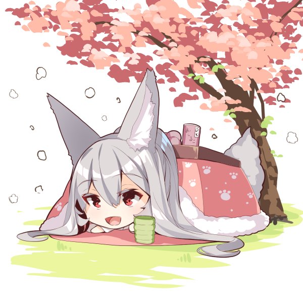 1girl :d animal_ear_fluff animal_ears bangs cherry_blossoms chibi commentary_request cup day eyebrows_visible_through_hair flower fox_ears fox_girl fox_tail fur_trim hair_between_eyes kotatsu long_hair long_sleeves lying on_stomach open_mouth original outdoors pink_flower red_eyes silver_hair smile solo table tail tree under_kotatsu under_table very_long_hair yunomi yuuji_(yukimimi)
