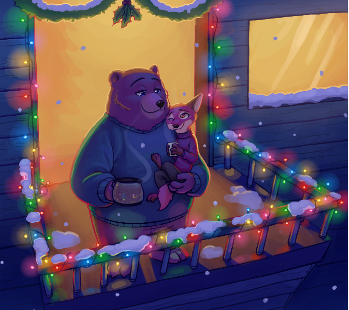 2019 ambiguous_gender anthro balcony barefoot beverage canid canine carrying cheek_tuft christmas clothed clothing coffee cup duo eye_contact fox fuel_(artist) holding_object holidays holly_(plant) looking_at_another mammal one_eye_closed outside plant red_fox size_difference smile snow snowing standing steam translation_bear_(character) tuft ursid