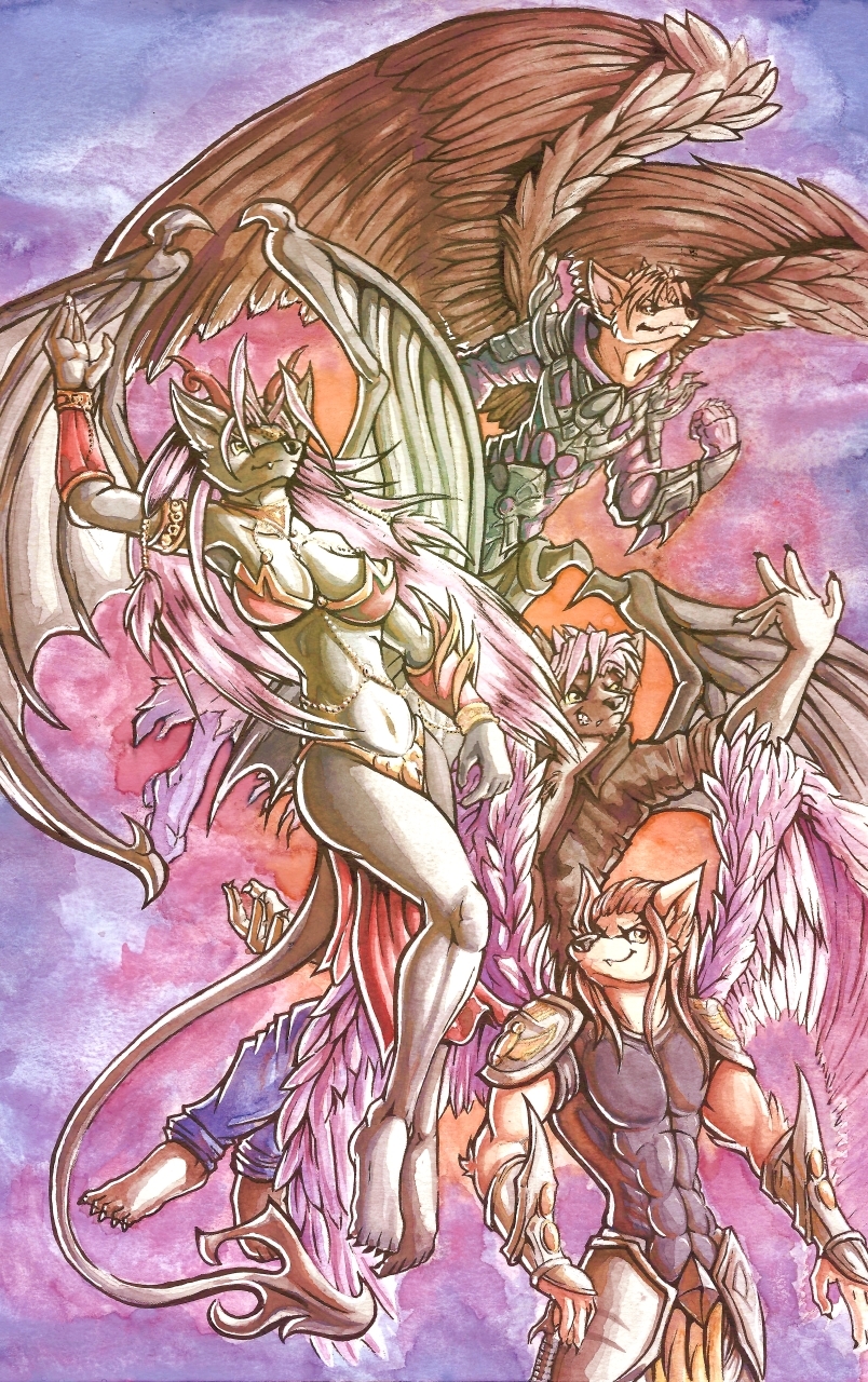 2019 5_fingers angel angels anthro bikini biped boneitis canid canine canis clothed clothing demon detailed_background female fur hair hi_res humanoid_hands male mammal sky swimwear topless wings wolf