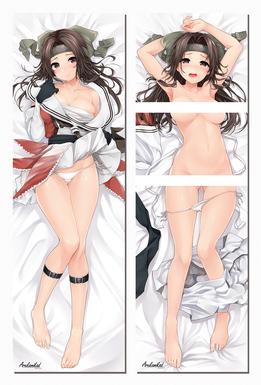 1girl arms_behind_head arms_up ass_visible_through_thighs bangs bar_censor bare_legs barefoot bed_sheet black_gloves blush breasts brown_eyes brown_hair censored cleavage closed_mouth collarbone commentary_request dakimakura eyebrows_visible_through_hair forehead_protector from_above full_body gloves groin hachimaki hair_between_eyes hair_intakes harino646 headband heart heart-shaped_pupils highres jintsuu_(kantai_collection) kantai_collection large_breasts long_hair looking_at_viewer lying multiple_views navel neckerchief nude off_shoulder on_back open_mouth panties panty_pull remodel_(kantai_collection) saliva school_uniform serafuku side-tie_panties skindentation skirt skirt_lift skirt_removed string_panties symbol-shaped_pupils thigh_gap thigh_strap underwear undressing white_panties