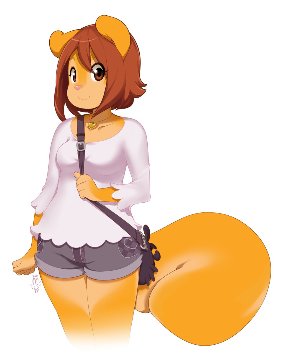 2017 anthro big_tail biped bottomwear breasts brown_eyes brown_hair clothed clothing english_text eyelashes female front_view fully_clothed fur gloves_(marking) hair hi_res jewelry long_tail looking_at_viewer mammal markings miu multicolored_fur necklace orange_fur peaches_(miu) pink_nose portrait purse rodent sciurid shirt short_hair shorts signature simple_background small_breasts smile solo standing tan_fur text three-quarter_portrait topwear tree_squirrel two_tone_fur white_background white_clothing