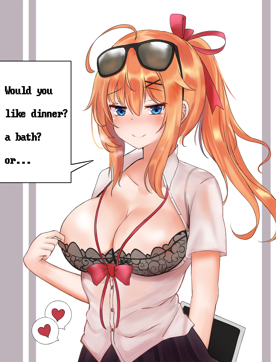 1girl ahoge areola_slip areolae arm_behind_back bangs black-framed_eyewear black_bra black_skirt blue_eyes blush bra bra_tug breasts buttons cleavage collarbone english_text eyebrows_visible_through_hair eyewear_on_head finesoda girls_frontline grey_background hair_between_eyes hair_ornament hair_ribbon hand_up heart heavy_breathing highres holding_tablet_pc kalina_(girls_frontline) large_breasts long_hair looking_at_viewer naughty_face open_clothes open_shirt orange_hair partially_unbuttoned pleated_skirt ponytail raised_eyebrows red_ribbon ribbon shinkon_santaku shirt short_sleeves sidelocks skirt solo spoken_heart sunglasses two-tone_background underwear upper_body white_background white_shirt x_hair_ornament
