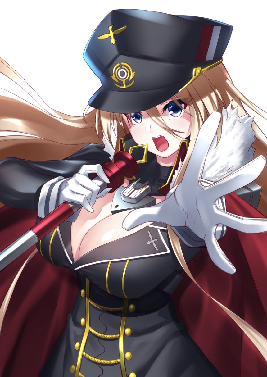 1girl azur_lane bangs bismarck_(azur_lane) blonde_hair blue_eyes breasts cleavage commentary_request gloves hair_between_eyes hat highres holding ken_ill large_breasts long_hair long_sleeves looking_at_viewer military open_mouth peaked_cap solo upper_body white_gloves
