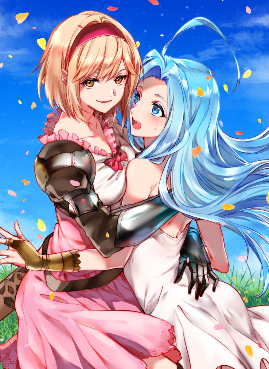 2girls ahoge backless_dress backless_outfit blonde_hair blue_eyes blue_hair bow bowtie breast_press breasts bridal_gauntlets day djeeta_(granblue_fantasy) dress floating_hair frilled_shirt frills from_side granblue_fantasy grin hair_intakes hairband high-waist_skirt highres hug long_hair looking_at_viewer lyria_(granblue_fantasy) medium_breasts miniskirt multiple_girls open_mouth outdoors petals pink_skirt red_bow red_hairband red_neckwear sanbabasanba shiny shiny_hair shirt short_dress skirt sleeveless sleeveless_dress smile standing strapless strapless_dress sweatdrop very_long_hair white_dress white_shirt yellow_eyes yuri