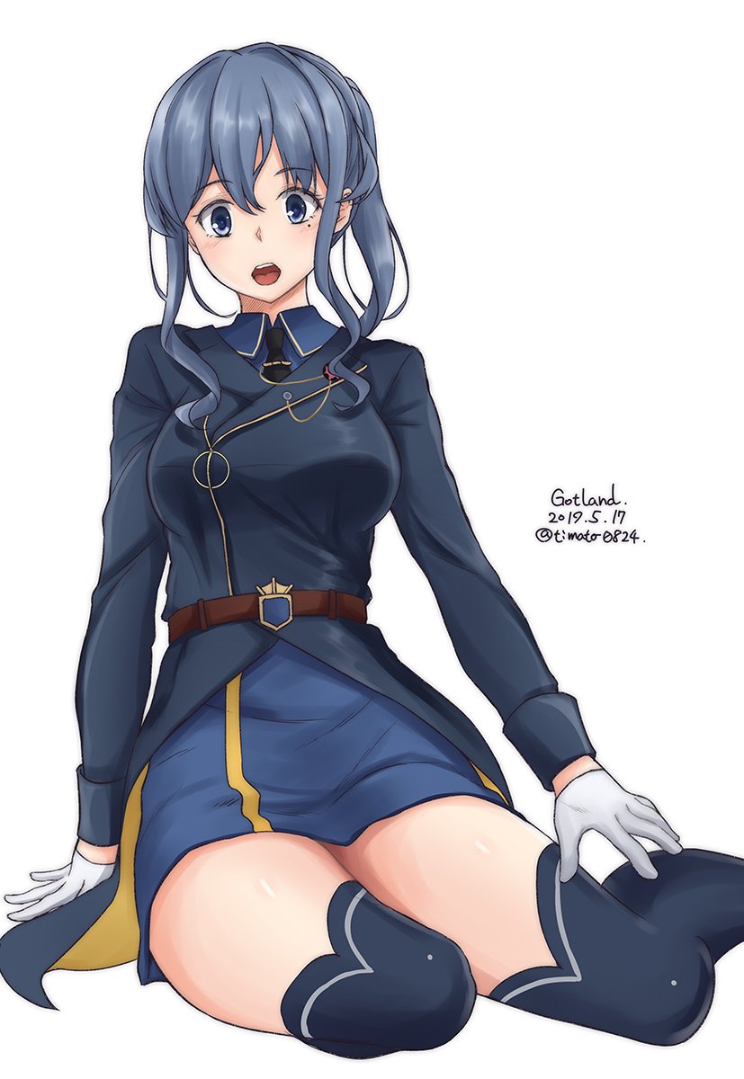 1girl :d black_neckwear blue_hair blue_skirt character_name collared_shirt dated eyebrows_visible_through_hair gloves gotland_(kantai_collection) highres kantai_collection long_hair looking_at_viewer military military_uniform mole mole_under_eye necktie open_mouth shirt simple_background sitting skirt smile solo thighhighs timato twitter_username uniform white_background white_gloves