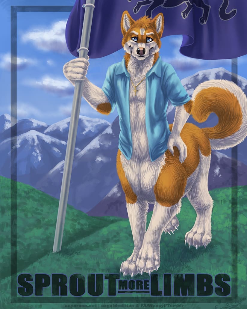 2014 5_fingers black_nose blue_eyes bottomless canid canid_taur canine canine_taur canis claws clothed clothing cloud czgoldedition detailed_background digital_media_(artwork) english_text flag fluffy fluffy_tail fur gloves_(marking) grass hand_on_hip holding_object jewelry looking_at_viewer mammal markings mountain multicolored_fur multicolored_nose necklace open_shirt orange_fur outside pink_nose propaganda shirt sky socks_(marking) solo taur tauragenda text topwear two_tone_fur walking white_fur wolf wolf_taur