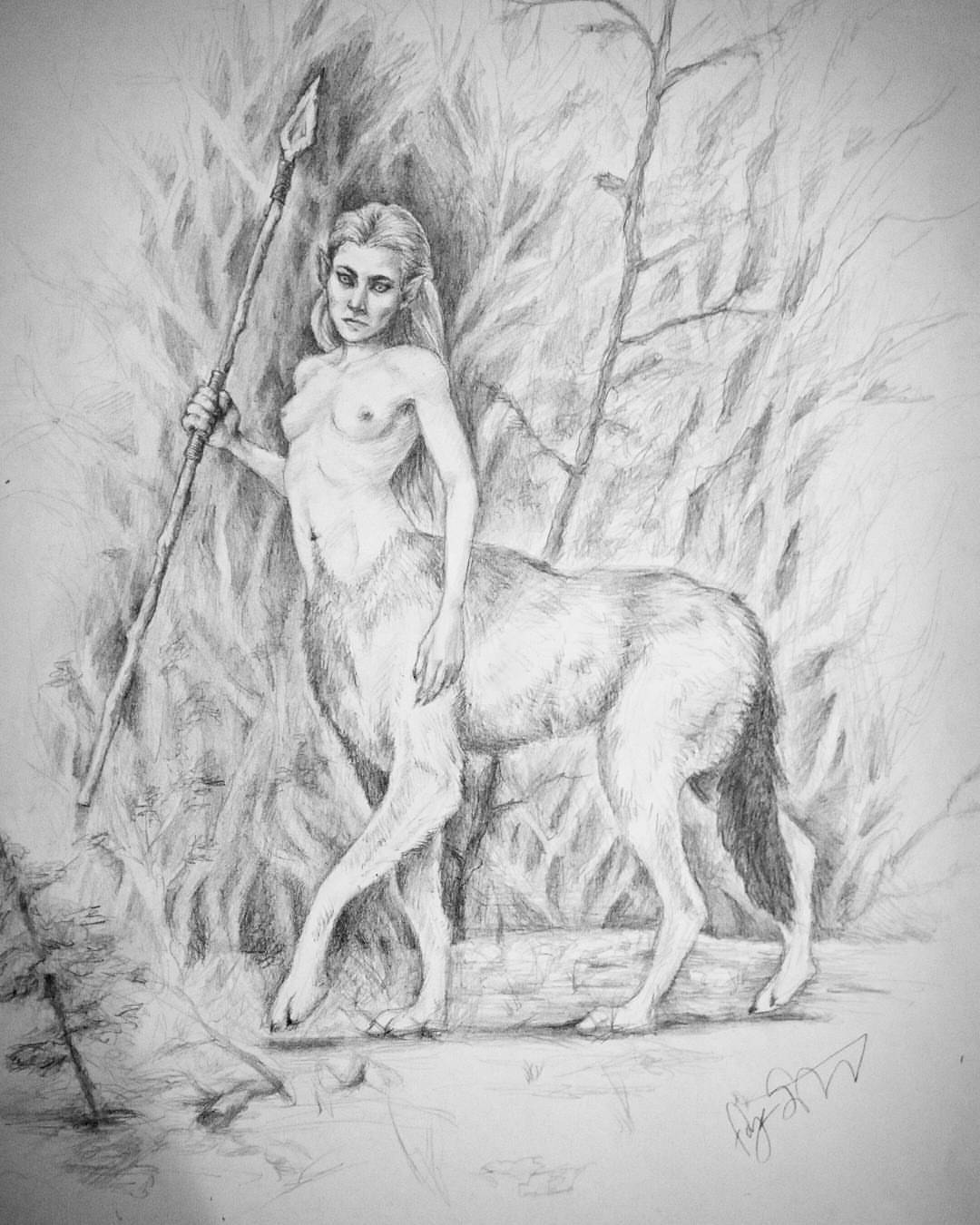 2017 4:5 5_fingers :| breasts canid canid_taur canine canine_taur canis claws eyebrows female fluffy fluffy_tail forest graphite_(artwork) hair hi_res holding_object holding_weapon humanoid humanoid_taur looking_at_viewer mammal melee_weapon monochrome navel nipples nude outside pencil_(artwork) polearm realistic signature solo spear tail_down taur thehatishere traditional_media_(artwork) tree walking weapon wolf wolf_taur