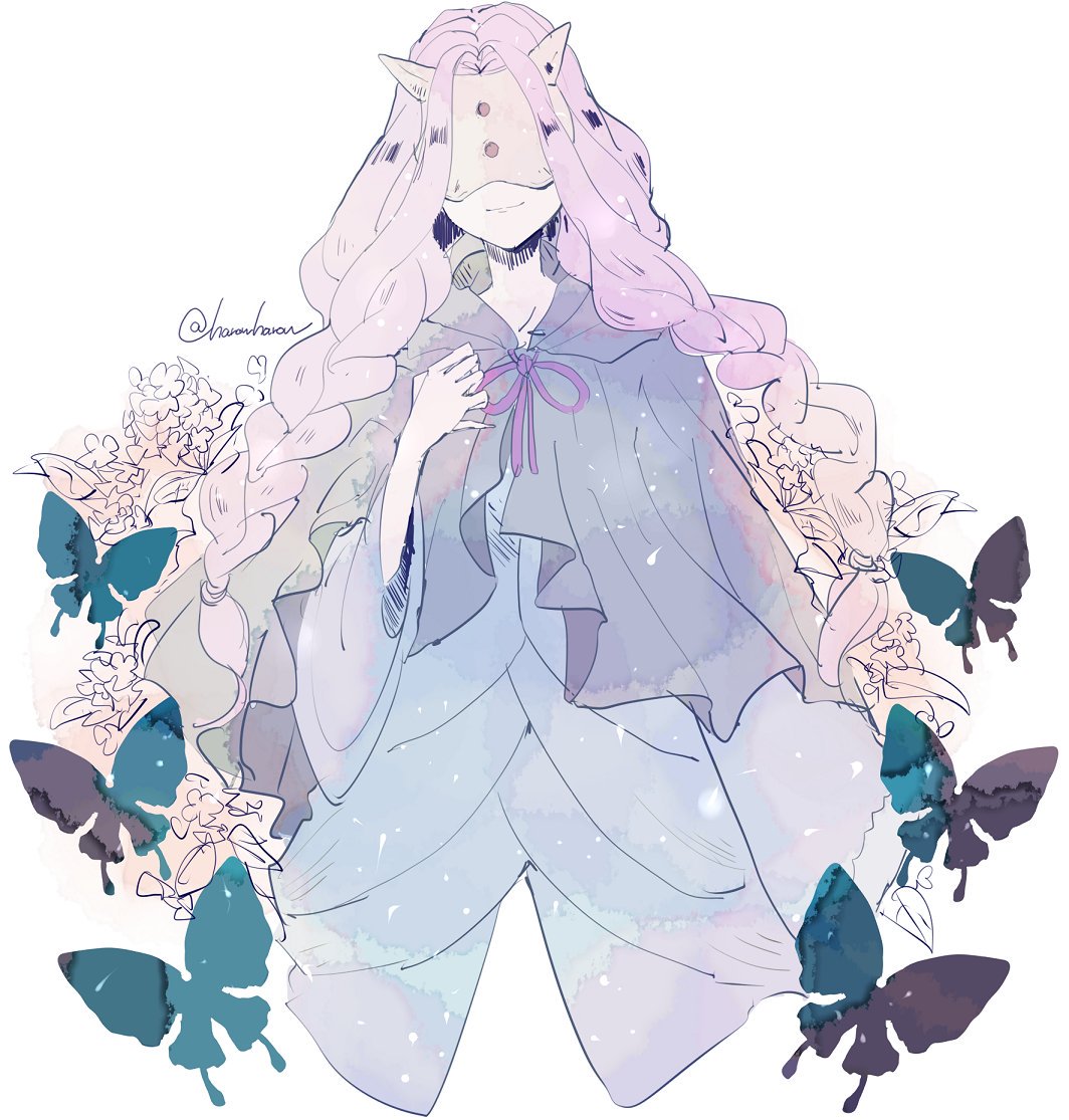 1girl artist_name blue_dress bow braid bug butterfly cloak closed_mouth commentary demon demon_girl dress face_mask flower hand_on_own_chest harowharow hidden_eyes horned_mask horns insect mask musica_(yakusoku_no_neverland) pink_hair purple_cloak simple_background sketch smile solo standing twin_braids white_background wide_sleeves yakusoku_no_neverland