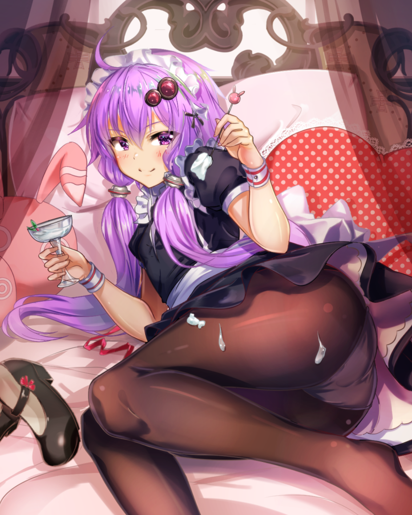 1girl ahoge alternate_costume ass black_footwear black_legwear bug_(artist) commentary_request cup enmaided hair_between_eyes hair_ornament holding holding_cup holding_spoon looking_at_viewer lying maid maid_headdress mary_janes on_bed on_side panties panties_under_pantyhose pantyhose pillow purple_eyes purple_hair shoes shoes_removed short_sleeves smile solo spoon underwear voiceroid yogurt yuzuki_yukari