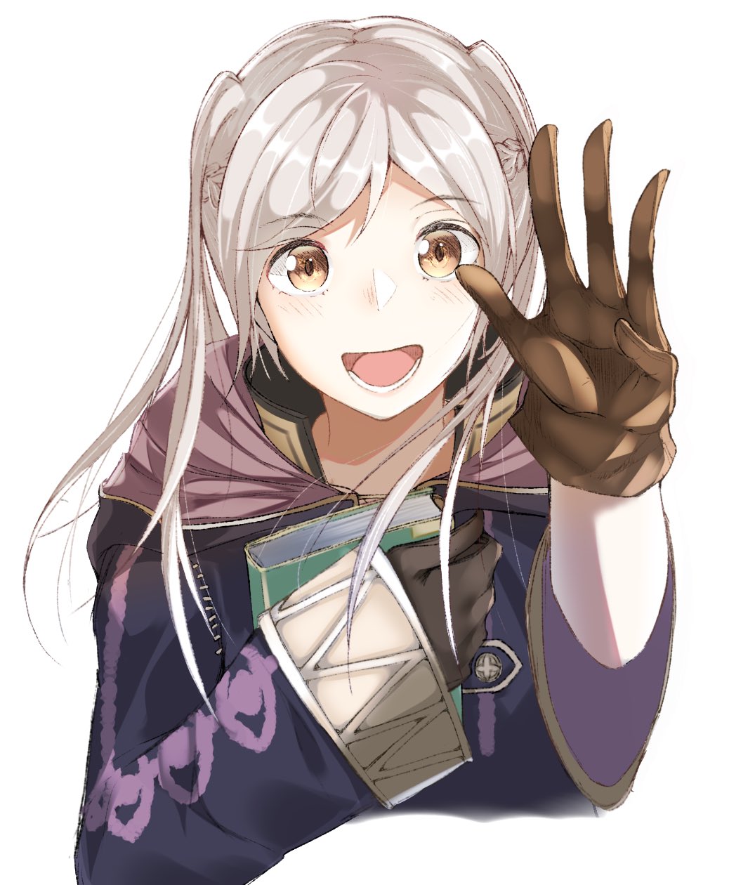 1girl book brown_eyes brown_gloves female_my_unit_(fire_emblem:_kakusei) fire_emblem fire_emblem:_kakusei gloves highres holding holding_book hood hood_down long_sleeves my_unit_(fire_emblem:_kakusei) open_mouth simple_background solo tpicm twintails upper_body white_background white_hair