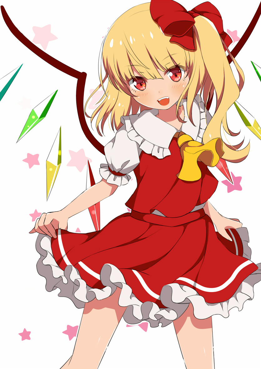 1girl :d blonde_hair blush contrapposto cowboy_shot cravat eyebrows_visible_through_hair flandre_scarlet frilled_shirt_collar frilled_skirt frills hair_between_eyes hair_ribbon hat head_tilt lifted_by_self looking_at_viewer mob_cap no_hat no_headwear open_mouth puffy_short_sleeves puffy_sleeves red_eyes red_skirt red_vest ribbon shirt short_hair short_sleeves side_ponytail skirt skirt_lift smile solo standing star starry_background touhou upper_teeth vest white_background white_shirt wings yellow_neckwear yuimari