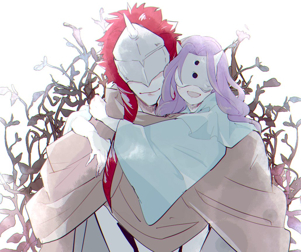 1boy 1girl blue_sleeves branch cloak closed_mouth commentary demon demon_boy demon_girl face_mask hand_on_shoulder happy harowharow hidden_eyes horn horned_mask horns hug leaf long_hair long_sleeves looking_at_viewer mask musica_(yakusoku_no_neverland) open_mouth purple_hair red_hair simple_background smile standing sung-joo_(yakusoku_no_neverland) white_background wide_sleeves yakusoku_no_neverland