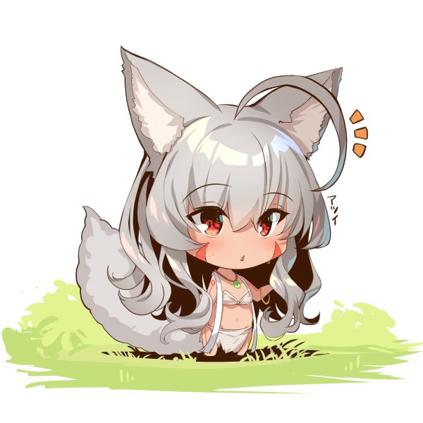 1girl ahoge animal_ear_fluff animal_ears bangs bare_arms bare_shoulders barefoot blush chibi commentary_request dark_skin eyebrows_visible_through_hair facial_mark fox_ears fox_girl fox_tail full_body grass grey_hair hair_between_eyes long_hair notice_lines on_grass original parted_lips red_eyes solo standing tail translation_request very_long_hair white_background yuuji_(yukimimi)