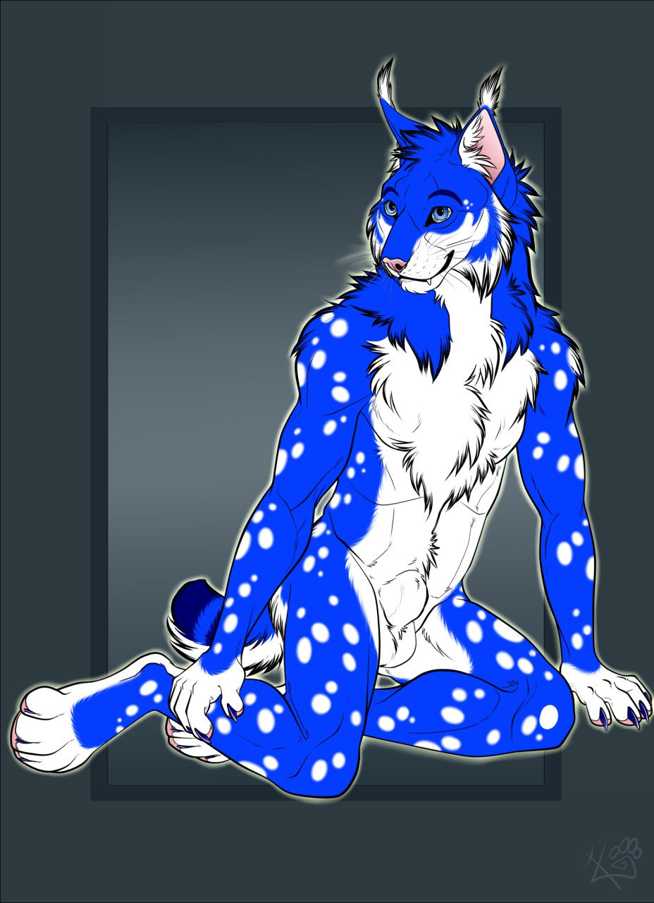 2019 5_fingers abs anatomically_correct animal_genitalia anthro balls biceps blue_eyes blue_fur blue_hair chest_tuft claws digital_media_(artwork) ear_tuft fangs felid feline fully_sheathed fur hair hi_res kneeling lynx male mammal markings muscular muscular_male nude patrikthedog pawpads paws pecs pink_nose pinup pose sheath simple_background smile solo spots spotted_fur teeth tuft whiskers white_fur