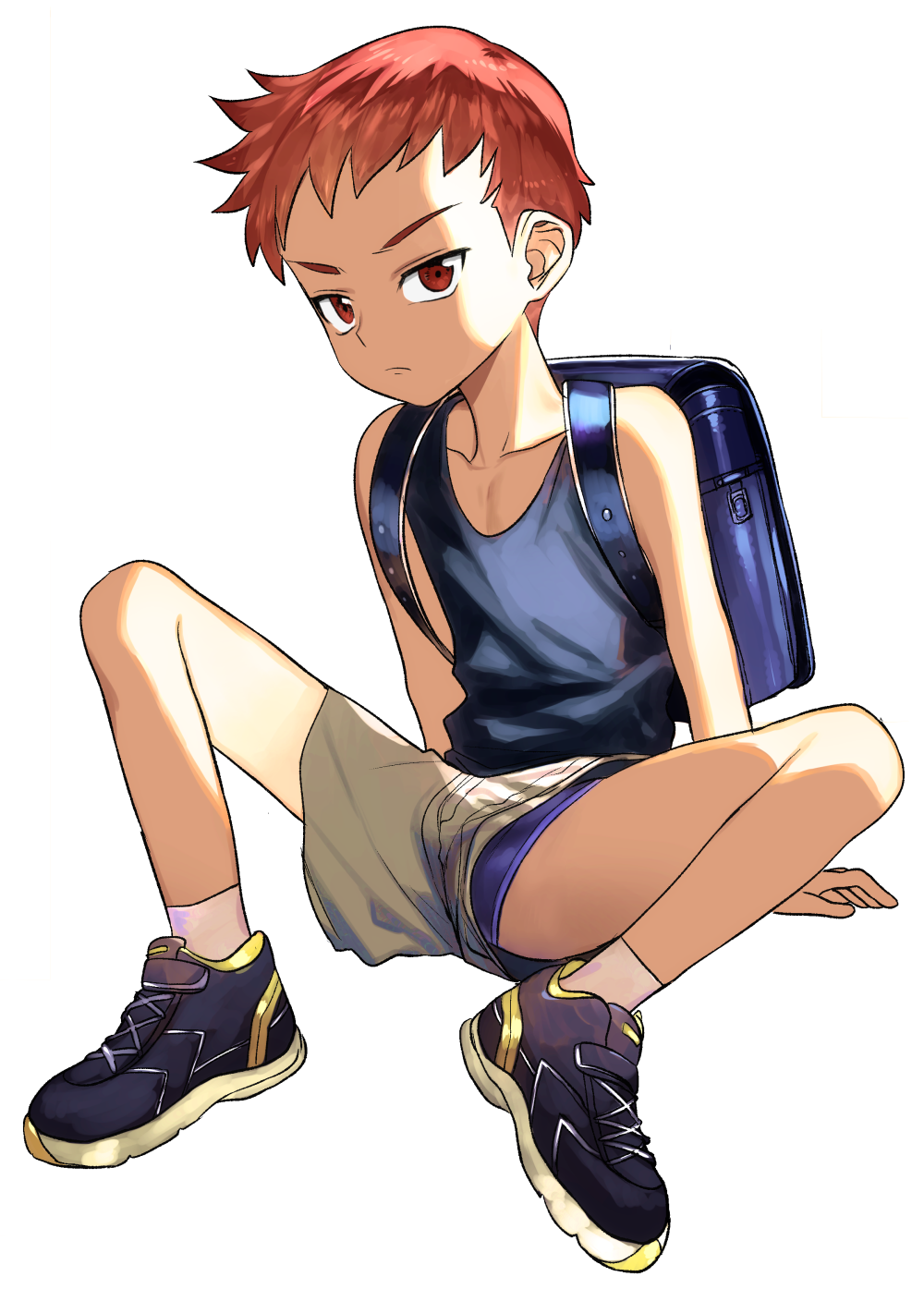 1boy backpack bag blue_briefs briefs brown_eyes brown_hair highres looking_at_viewer male_focus original shaded_face shoes short_shorts shorts shota sneakers tank_top underwear wadani_hitonori