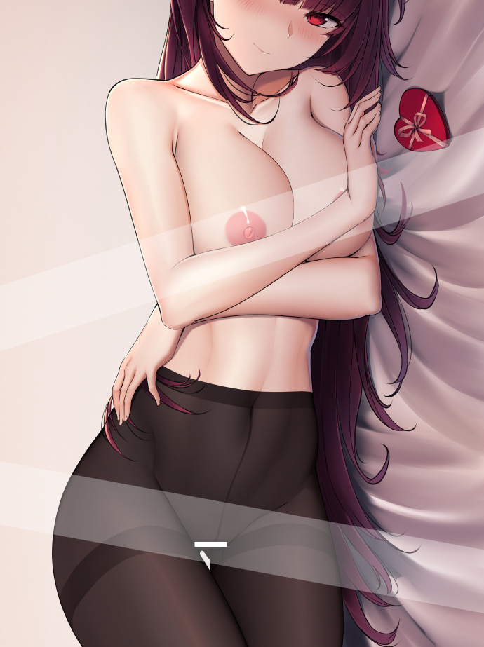 1girl areolae arm_across_waist bangs bar_censor black_legwear blush box breasts censored closed_mouth collarbone eyebrows_visible_through_hair gift girls_frontline hair_ribbon half_updo heart-shaped_box large_breasts long_hair looking_at_viewer lying nipples on_side one_side_up pantyhose purple_hair purple_ribbon red_eyes ribbon smile solo thighband_pantyhose topless very_long_hair wa2000_(girls_frontline) zhishi_ge_fangzhang