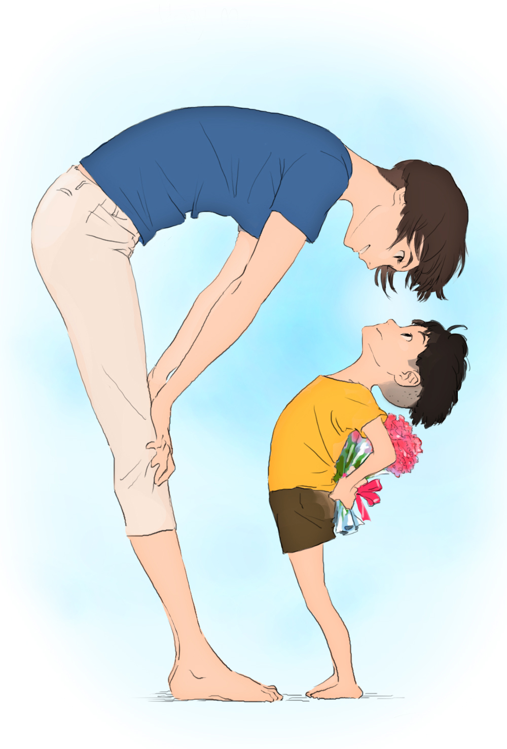 1boy 1girl barefoot bent_over black_hair bouquet brown_eyes brown_hair eye_contact flat_color flower gake_no_ue_no_ponyo hands_on_own_knees highres lisa_(ponyo) looking_at_another mother's_day mother_and_son pants shaved_head shirt short_hair short_sleeves shorts smile sousuke_(ponyo) standing t-shirt tombiiwa undercut white_background yellow_shirt