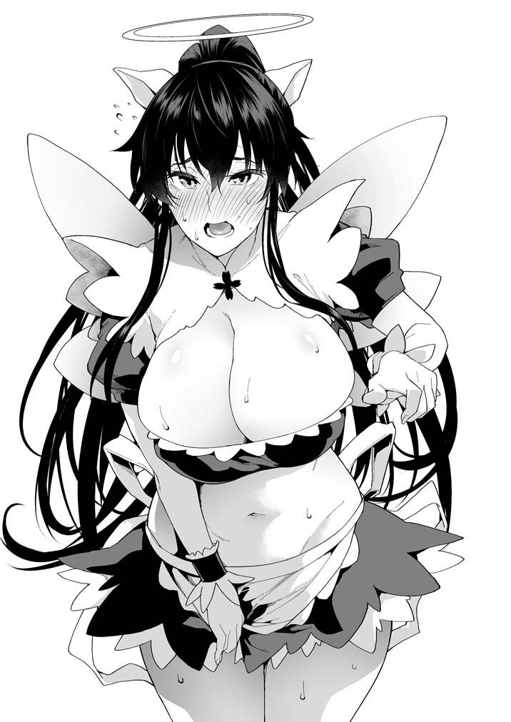 1girl apron blush breasts cleavage full-face_blush greyscale kanzaki_kaori large_breasts long_hair midriff monochrome navel open_mouth ponytail simple_background skirt soba_(saz) solo sweat teeth to_aru_majutsu_no_index very_long_hair white_background wings wrist_cuffs