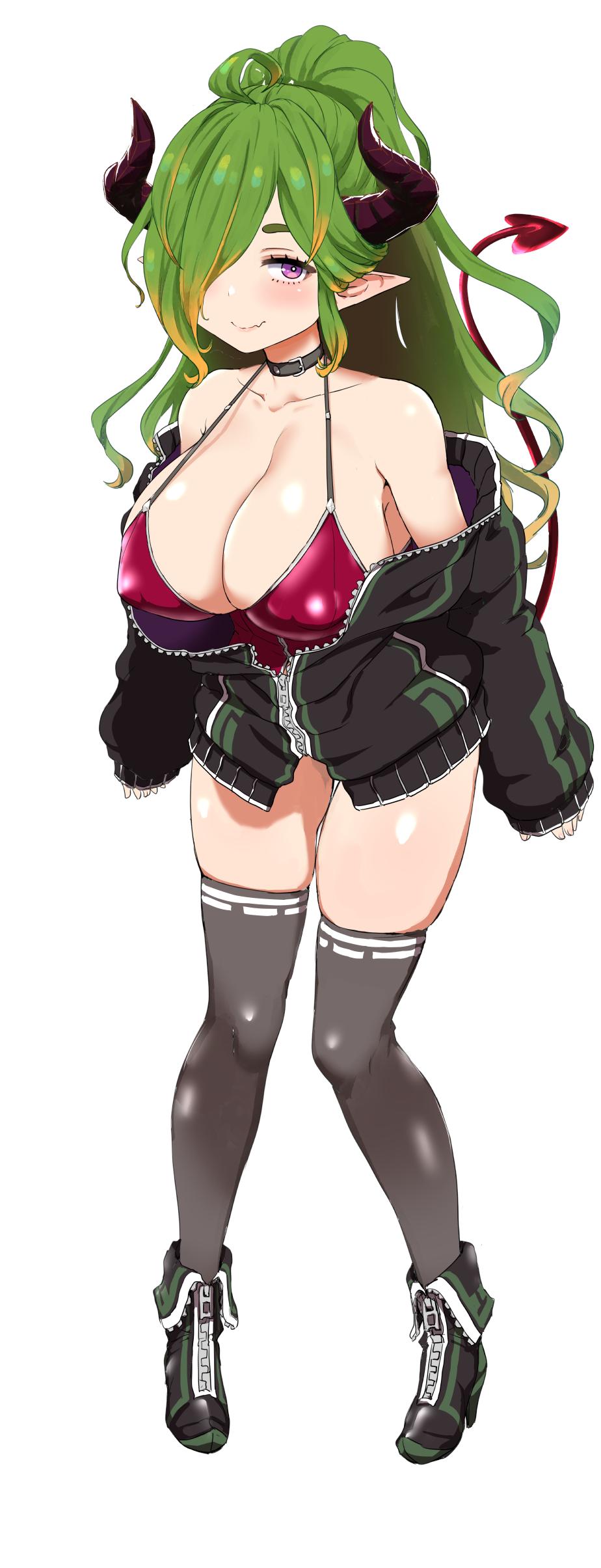 absurdres ahoge boots breasts character_request clearite collar collarbone fang green_hair hair_over_one_eye highres horns jacket large_breasts long_hair long_sleeves pointy_ears ponytail purple_eyes skin_fang skindentation thighhighs virtual_youtuber zipper
