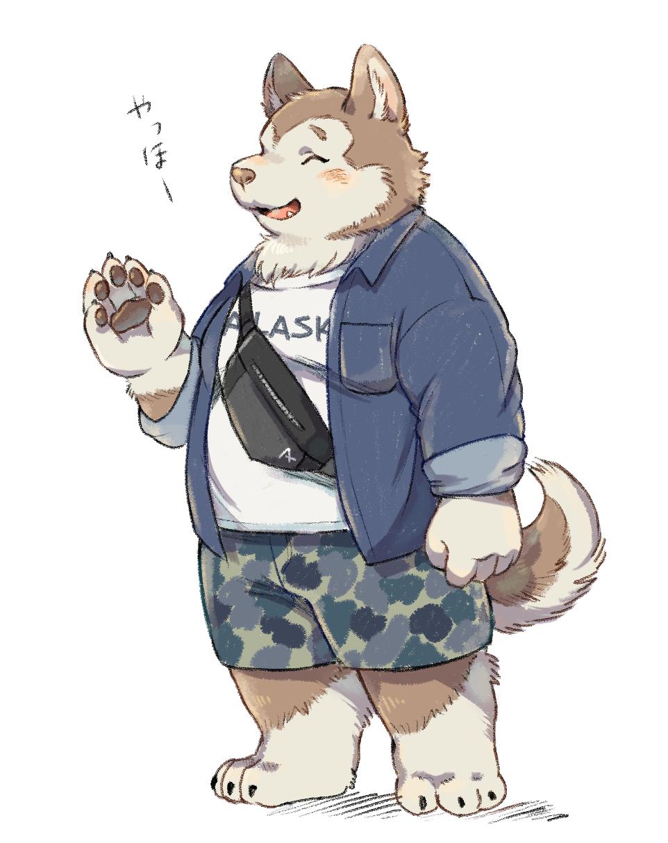 2019 anthro blush bottomwear canid canine canis clothing cute_fangs domestic_dog eyes_closed hi_res japanese_text male mammal ponpo_ko5 shiba_inu shirt shorts simple_background slightly_chubby solo spitz text topwear white_background