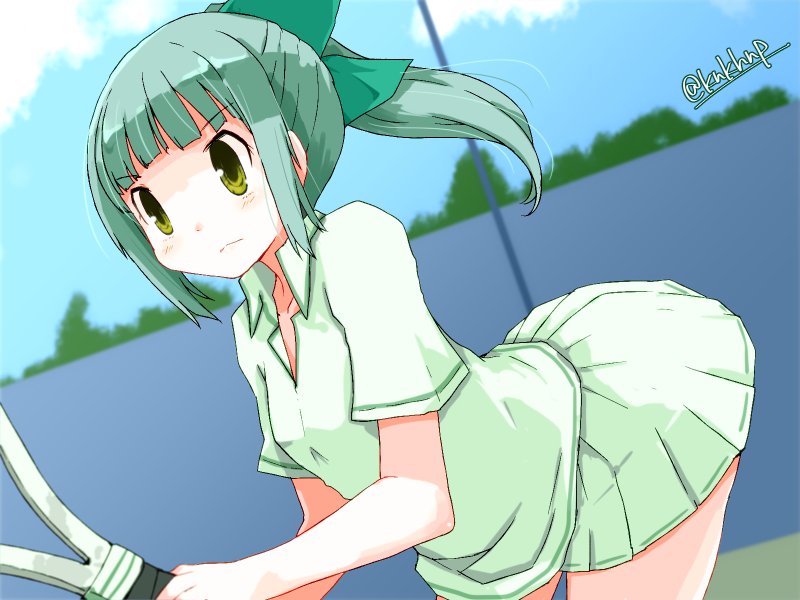 1girl blue_sky blurry bow cloud cowboy_shot day depth_of_field disconnected_mouth dutch_angle fence green_eyes green_hair hair_bow kanoe_soushi kantai_collection leaning_forward long_hair outdoors pleated_skirt ponytail pose racket shirt skirt sky solo sportswear tennis_racket tennis_uniform twitter_username white_shirt white_skirt yuubari_(kantai_collection)