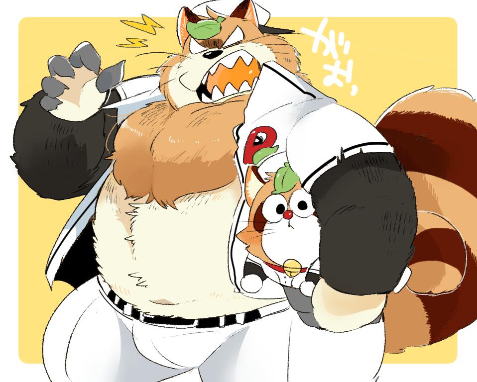2019 angry anthro baseball_(sport) baseball_uniform belly brown_fur canid canine clothed clothing duo fur hyaku1063 japanese_text leaf male mammal navel open_shirt overweight overweight_male pants pokoemon_(character) raccoon_dog shirt sport sportswear tanuki text topwear uniform