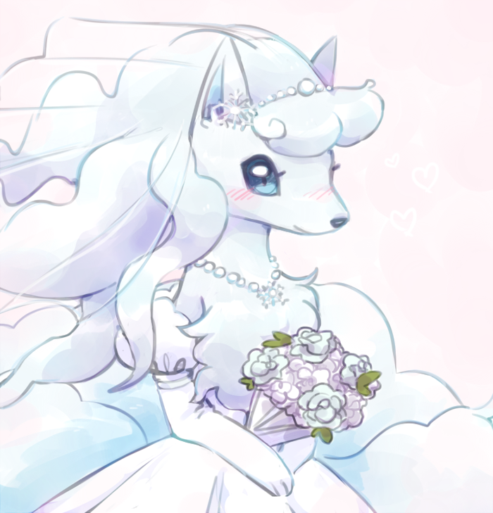 &lt;3 abstract_background alolan_ninetales anonymous_artist blue_eyes blue_fur blue_hair blush bouquet bridal_veil bride canid canine chest_tuft clothed clothing dress female flower fur hair holding_object jewelry mammal multi_tail necklace nintendo paws plant pok&eacute;mon pok&eacute;mon_(species) regional_variant semi-anthro smile solo tuft unknown_artist veil video_games wedding_dress white_fur white_hair