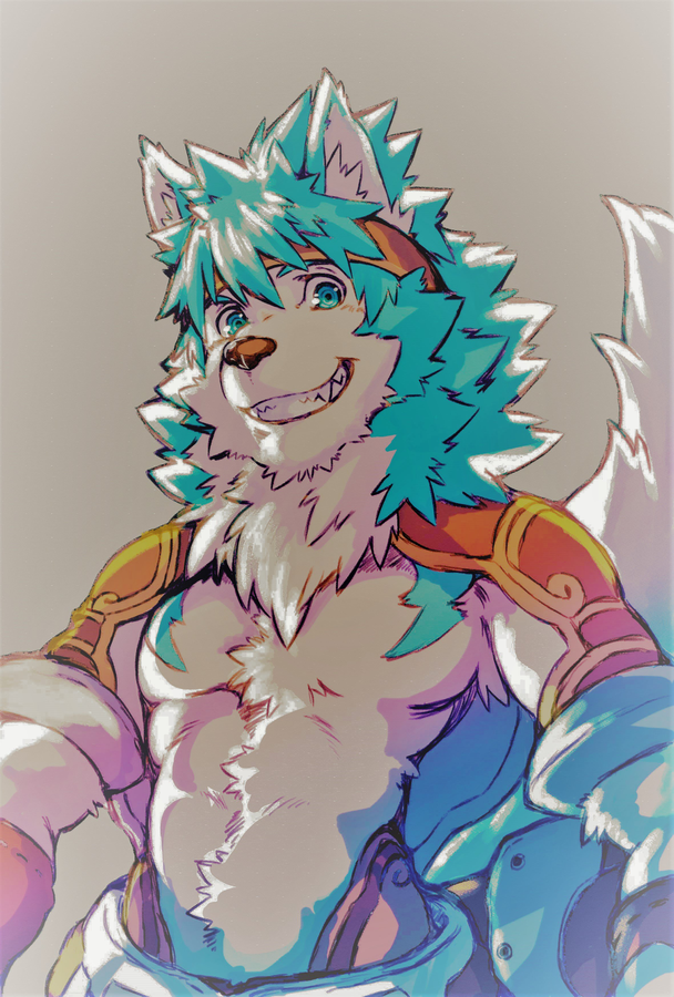 abs anthro blue_eyes blue_hair canid canine canis chest_tuft clothed clothing fur hair heylaw21 male mammal simple_background smile solo tuft white_fur wolf
