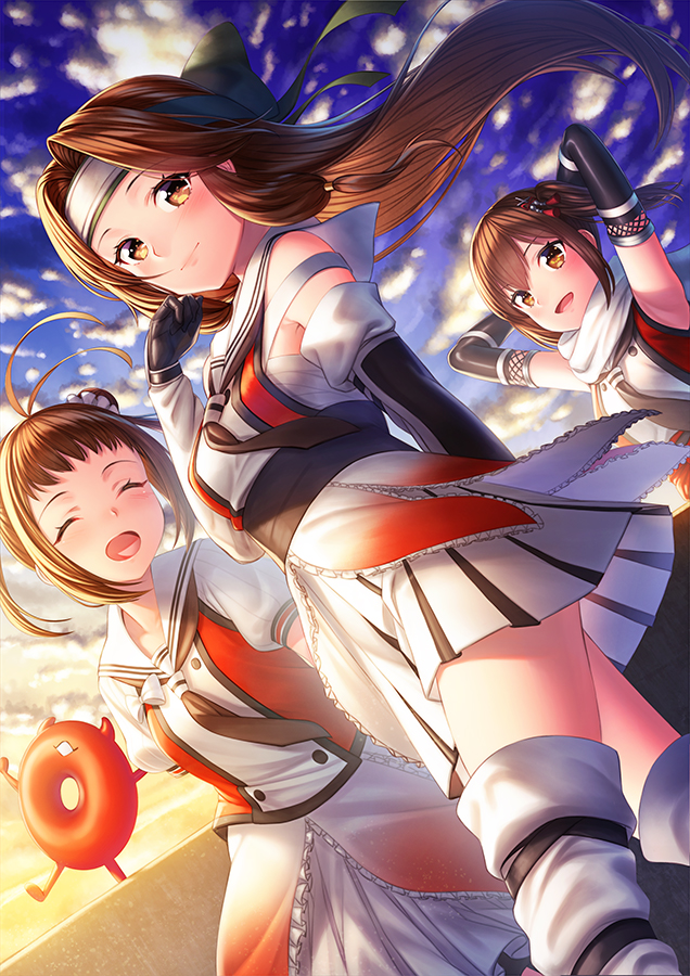 3girls :d ahoge antenna_hair arms_behind_head bangs black_gloves black_skirt blush bow brown_eyes brown_hair closed_eyes cloud double_bun elbow_gloves enemy_lifebuoy_(kantai_collection) fingerless_gloves forehead_protector gloves hachimaki hair_intakes hair_ornament hand_up headband jintsuu_(kantai_collection) kantai_collection kyon_(fuuran) long_hair looking_at_viewer multiple_girls naka_(kantai_collection) open_mouth outdoors ponytail remodel_(kantai_collection) scarf school_uniform sendai_(kantai_collection) serafuku short_hair skirt smile sunrise thighhighs two_side_up walking white_scarf
