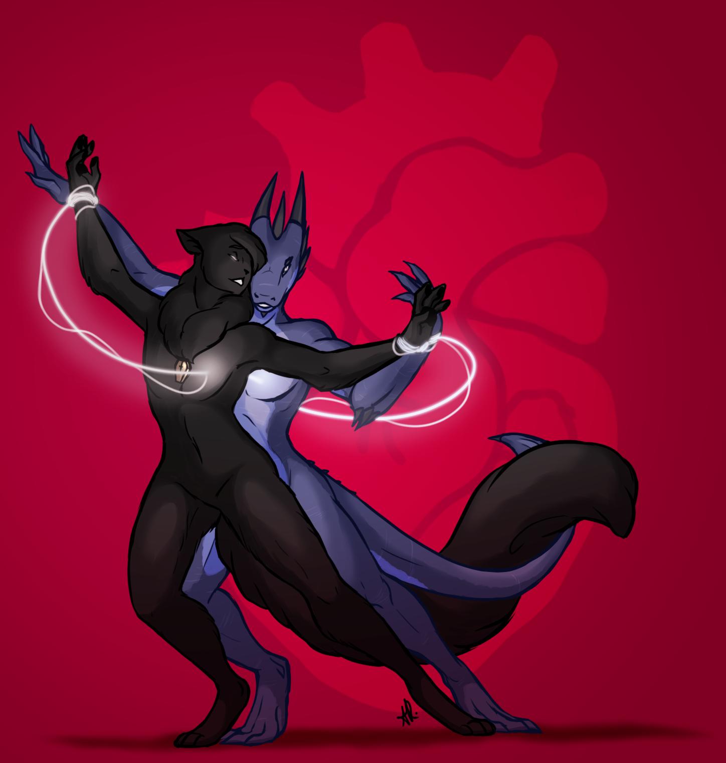 &lt;3 2019 ambiguous_gender anthro black_fur blue_scales dancing digital_media_(artwork) dragonborn dungeons_and_dragons duo fur glowing glowing_eyes hi_res horn kitterjitters magic male muscular muscular_male nude scales scalie simple_background smile tabaxi