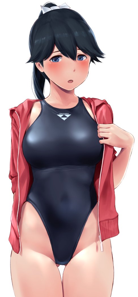 1girl ass_visible_through_thighs black_hair black_swimsuit blue_eyes blush breasts competition_swimsuit cowboy_shot high_ponytail highleg highleg_swimsuit hood hooded_jacket houshou_(kantai_collection) jacket kantai_collection large_breasts looking_at_viewer one-piece_swimsuit open_clothes open_jacket open_mouth ponytail solo standing swimsuit thigh_gap wa_(genryusui)