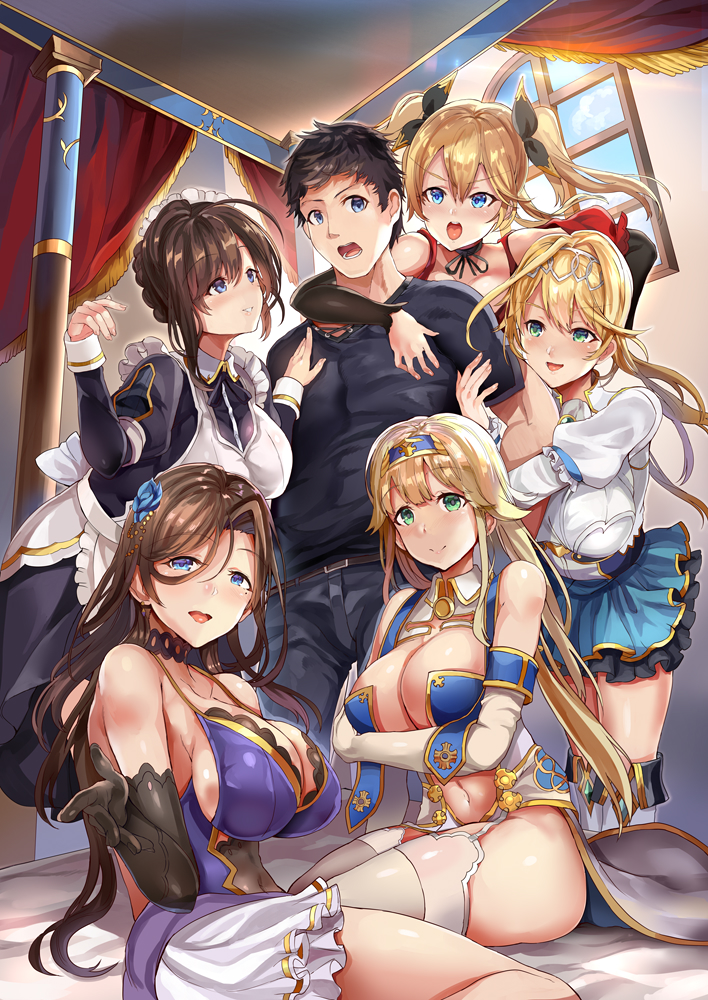 1boy 5girls :d :o aqua_eyes belt black_bow black_pants black_shirt blonde_hair blue_eyes bow breasts brown_hair cleavage green_eyes hair_bow hand_on_another's_chest headband himuro_(dobu_no_hotori) holding_arm indoors julie large_breasts long_hair looking_at_another maid multiple_girls official_art open_mouth pants shirt short_hair sitting smile standing twintails window