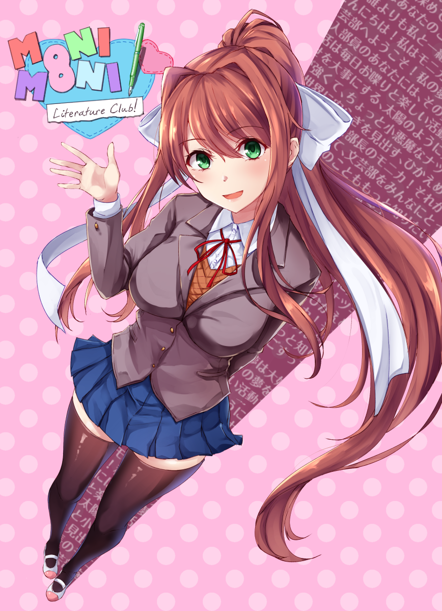 1girl :d bangs black_legwear blue_skirt collared_shirt doki_doki_literature_club eyebrows_visible_through_hair green_eyes grey_jacket hair_between_eyes hair_ribbon hand_up head_tilt jacket logo_parody long_hair long_sleeves looking_at_viewer monika_(doki_doki_literature_club) open_mouth pen pink_background pleated_skirt polka_dot polka_dot_background ponytail puru_(ex-150) ribbon school_uniform shirt simple_background skirt smile solo thighhighs very_long_hair white_ribbon