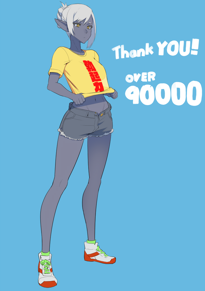 1girl blue_background clothes_writing commentary_request cutoffs denim denim_shorts full_body grey_skin hits lifted_by_self midriff mikoyan navel original pointy_ears shirt shirt_lift shoes short_shorts shorts simple_background sneakers solo t-shirt thank_you translation_request unbuttoned white_hair yellow_eyes yellow_shirt