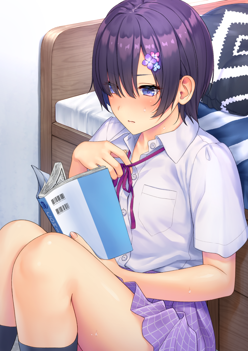 1girl bangs bed black_legwear blue_flower blush book closed_mouth collarbone collared_shirt commentary_request daidai_jamu dress_shirt eyebrows_visible_through_hair fingernails flower hair_flower hair_ornament hair_over_one_eye highres holding holding_book indoors kneehighs knees_up neck_ribbon open_book original pillow pink_flower pleated_skirt purple_eyes purple_flower purple_hair purple_ribbon purple_skirt ribbon school_uniform shirt short_hair sitting skirt solo sweat undressing white_shirt