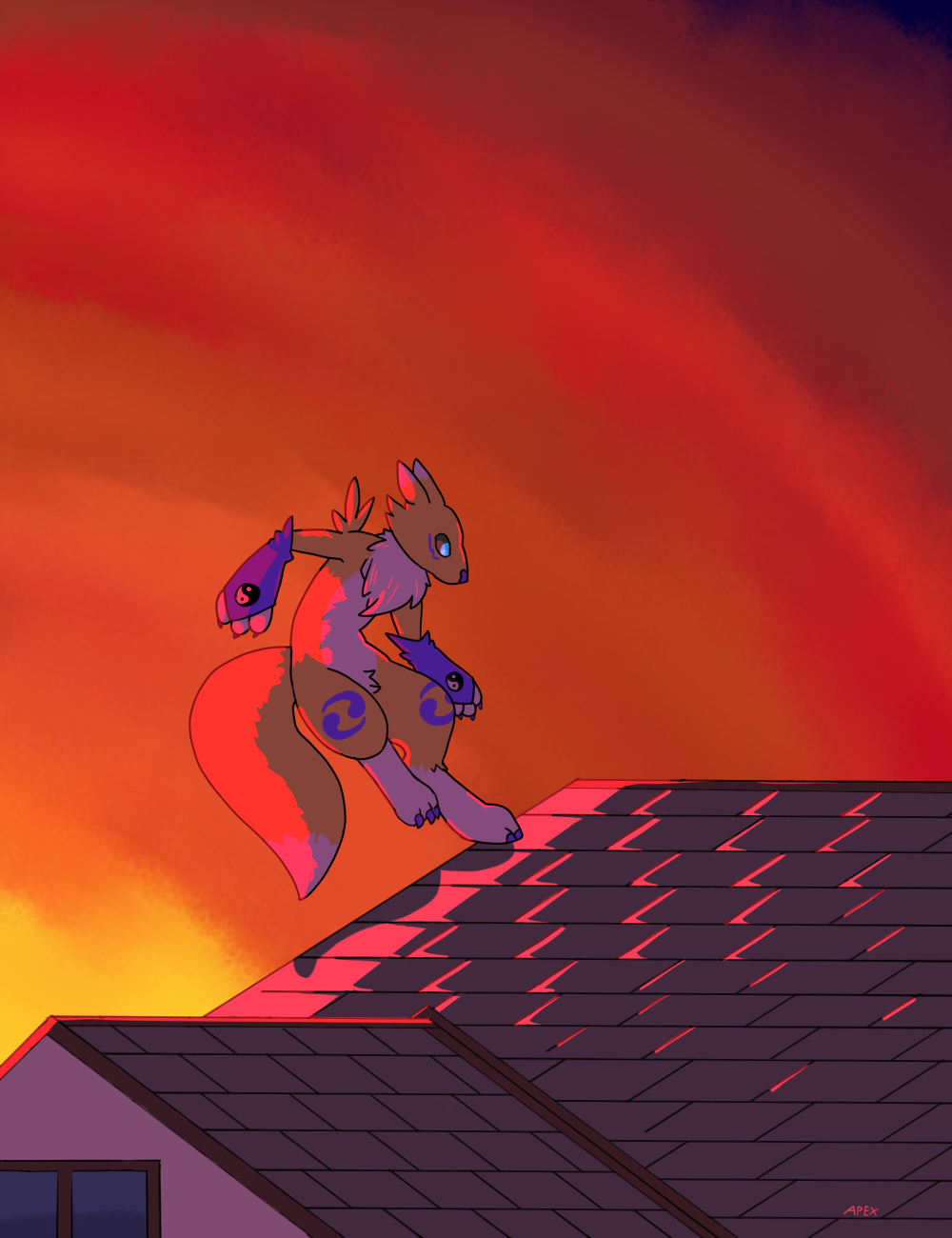 2018 ambiguous_gender apex_(artist) claws digimon digimon_(species) hi_res on_roof renamon rooftop sunset