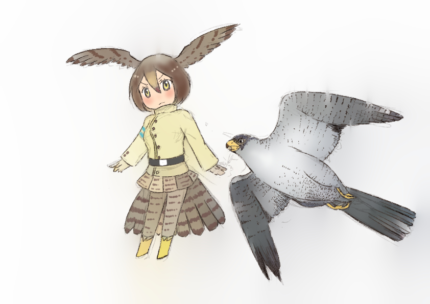 2018 ambiguous_gender animal_humanoid avian avian_humanoid beak belt biped bird bird_feet black_beak black_feathers blonde_hair blonde_highlights blush boots bottomwear breasts brown_bottomwear brown_clothing brown_feathers brown_hair brown_legwear brown_skirt brown_tail brown_wings clothed clothing dipstick_beak duo eyebrows falcon falcon_humanoid falconid falconid_humanoid feathered_wings feathers featureless_crotch female feral flying footwear frown full-length_portrait fully_clothed grey_feathers grey_tail grey_wings hair hair_highlights head_wings humanoid iceeye_ena japanese kemono_friends legwear light_skin looking_at_viewer multicolored_feathers multicolored_hair open_beak open_mouth peregrine_falcon peregrine_falcon_(kemono_friends) pleated_skirt portrait quadruped shadow short_hair simple_background skirt suit suspended_in_midair tail_feathers tan_skin thigh_highs two_tone_beak two_tone_feathers two_tone_hair white_background white_feathers wings yellow_beak yellow_eyes