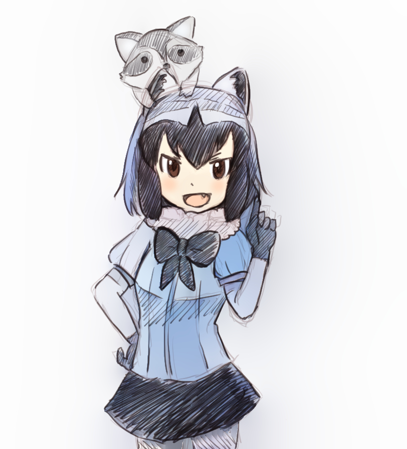 2018 5_fingers ambiguous_gender animal_humanoid arai-san armwear biped black_bottomwear black_clothing black_eyes black_gloves black_hair black_skirt blue_clothing blue_shirt blue_topwear blush bottomwear bow_tie breasts brown_eyes carrying clothed clothing dot_eyes duo eye_markings facial_markings fangs female feral front_view fully_clothed fur fur_trim_(clothing) gesture gloves grey_ears grey_fur grey_hair hair half-length_portrait hatching_(art) humanoid iceeye_ena japanese kemono_friends larger_female larger_humanoid light_skin looking_at_viewer mammal markings multicolored_hair on_head open_mouth open_smile pointing portrait procyonid procyonid_humanoid quadruped raccoon raccoon_humanoid shadow shirt short_hair simple_background size_difference skirt smaller_ambiguous smaller_feral smile smirk smug standing tan_skin topwear two_tone_hair white_background white_hair