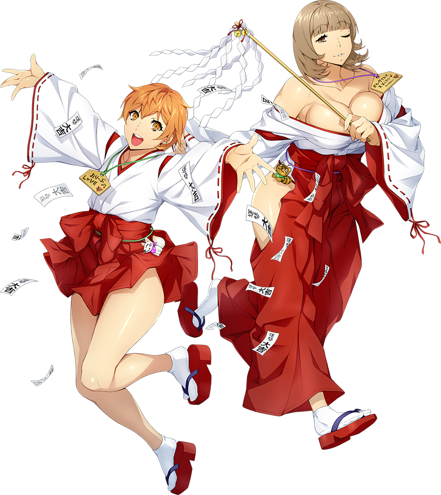 2girls bangs blunt_bangs breasts brown_eyes brown_hair cleavage eyebrows_visible_through_hair gohei hakama holding japanese_clothes katrina_company keychain large_breasts long_sleeves miko multiple_girls off_shoulder official_art ofuda one_eye_closed open_mouth orange_hair outstretched_arms parted_lips red_hakama ribbon-trimmed_sleeves ribbon_trim sandals shoe_dangle short_hair spread_arms super_robot_wars super_robot_wars_x-omega tabi transparent_background upper_teeth watanabe_wataru wide_sleeves
