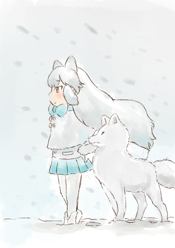 2018 ambiguous_gender animal_humanoid arctic_fox arctic_fox_(kemono_friends) biped blue_bottomwear blue_clothing blue_skirt blush boots bottomwear bow_tie canid canid_humanoid canine canine_humanoid clothed clothing duo eyebrow_through_hair eyebrows female feral footprints footwear fox fox_humanoid frown full-length_portrait fully_clothed fur gloves grey_nose guide_lines hair humanoid iceeye_ena japanese kemono_friends larger_female larger_humanoid legwear light_skin light_theme long_hair mammal pleated_skirt poncho portrait quadruped shadow side_view simple_background size_difference skirt smaller_ambiguous smaller_feral smile snout snow snowing standing stare tan_skin thigh_highs topwear translucent translucent_hair white_background white_clothing white_ears white_footwear white_fur white_gloves white_hair white_legwear white_tail white_topwear wind yellow_eyes