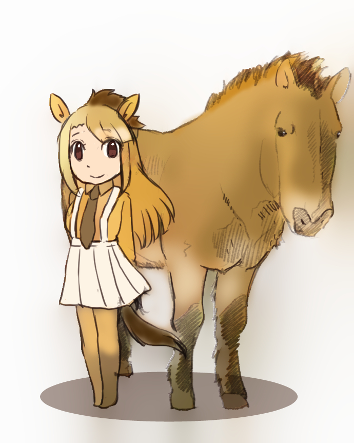 2019 ambiguous_gender animal_humanoid beady_eyes biped black_eyes blonde_hair blush bottomwear breasts brown_eyes brown_fur brown_hair brown_hooves brown_mane brown_tail clothed clothing duo equid equid_humanoid equine equine_humanoid female feral full-length_portrait fully_clothed fur hair hands_behind_back hatching_(art) hooves humanoid iceeye_ena japanese kemono_friends larger_ambiguous larger_feral legwear light_skin long_hair long_skirt looking_at_viewer mammal mane necktie orange_clothing orange_ears orange_hair orange_shirt orange_topwear portrait przewalski's_horse przewalski's_horse_(kemono_friends) quadruped shadow shirt simple_background size_difference skirt smaller_female smaller_humanoid smile snout standing suspenders tan_skin thigh_highs topwear white_background white_bottomwear white_clothing white_skirt wild_horse wild_horse_humanoid