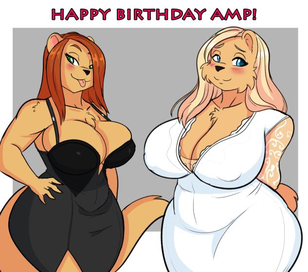 2018 5_fingers anthro big_breasts birthday blonde_hair breasts brown_fur brown_hair clothed clothing couple_(disambiguation) digital_media_(artwork) dress elexis evening_dress female front_view fur green_eyes hair huge_breasts huge_hips jwink mammal mrsamp mustela mustelid musteline thick_thighs ursid wide_hips