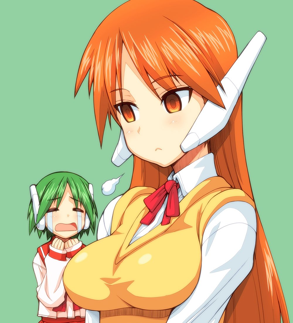 2girls =3 bangs blouse bow bowtie breasts closed_eyes closed_mouth crying crying_with_eyes_open dress_shirt eyebrows_visible_through_hair frown green_background green_hair hagiya_masakage large_breasts light_blush long_hair looking_to_the_side multi multiple_girls neck_ribbon open_mouth orange_eyes orange_hair pink_blouse pink_neckwear pink_skirt red_neckwear ribbon robot_ears school_uniform serafuku serio shirt short_hair simple_background skirt snort sweater_vest t_t tears to_heart vest white_shirt wing_collar yellow_vest